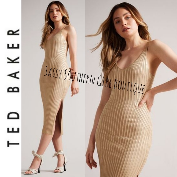 🆕⭐TED BAKER metallic tan nude midi dress